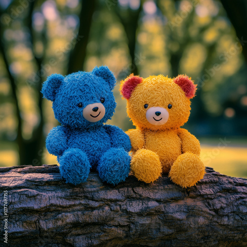 Two Teddy bears sitting on a tree stump together