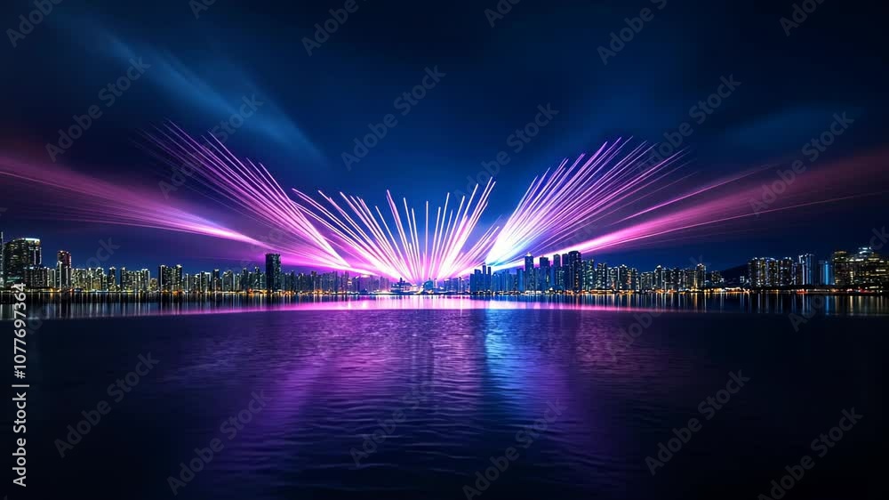 Magnificent pink and purple fireworks illuminate metropolitan skyline at twilight. City buildings silhouetted against vibrant pyrotechnic display, perfectly mirrored in calm waterfront. 