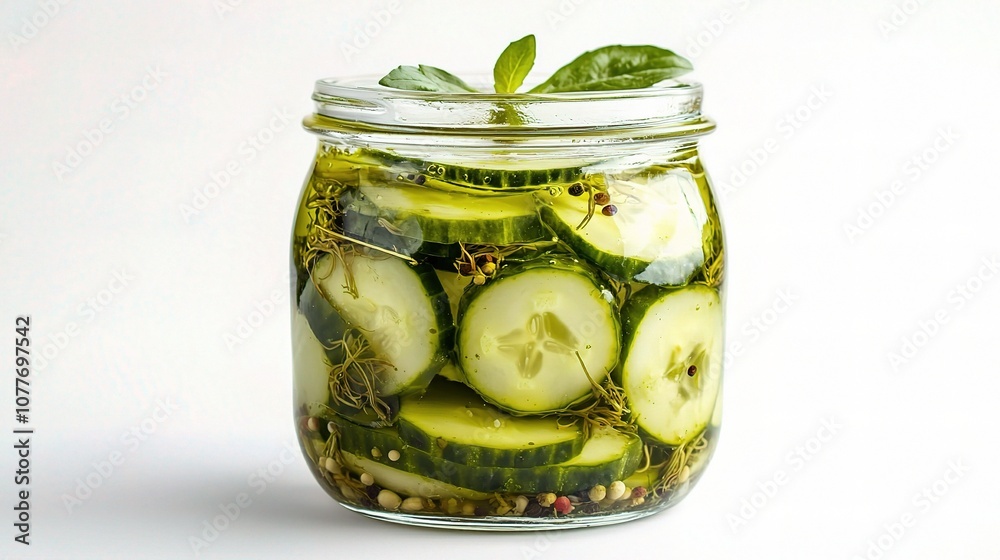 Freshly Made Marinated and Pickled Cucumbers in a Glass Jar Isolated on White Background for Culinary and Food Photography Freshly Made Marinated and Pickled Cucumbers in a Glass Jar Isolated on White Background for Culinary and Food Photography