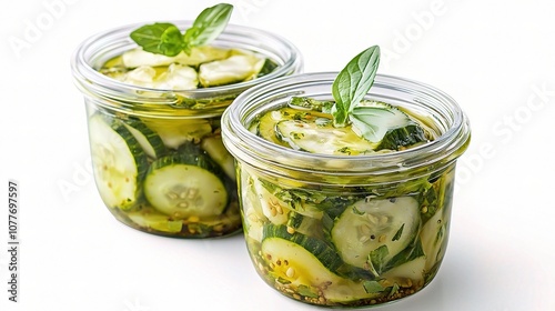 Freshly Marinated and Pickled Cucumbers in Glass Jars with Fresh Herbs against a White Background for Culinary Use and Healthy Cooking