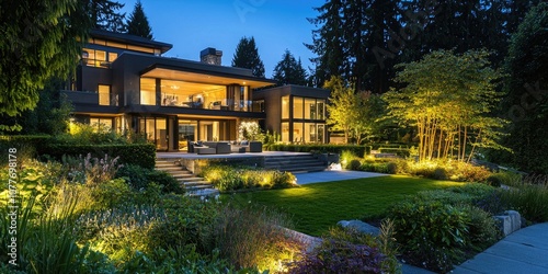 A luxury modern home with outdoor lighting highlighting the sleek architecture and landscaped garden at night. photo