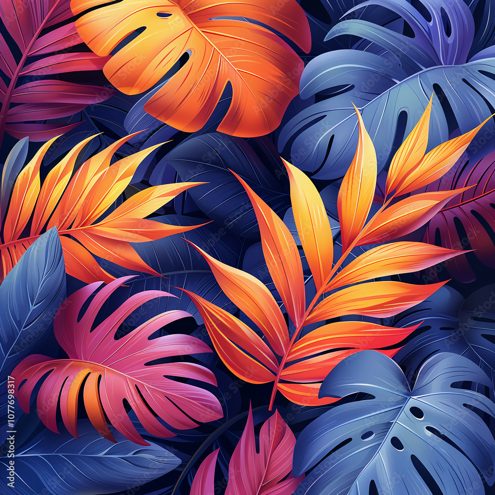 Colorful Tropical Leaves in Vibrant Sunset Gradient Background Colorful Tropical Leaves in Vibrant Sunset Gradient Background