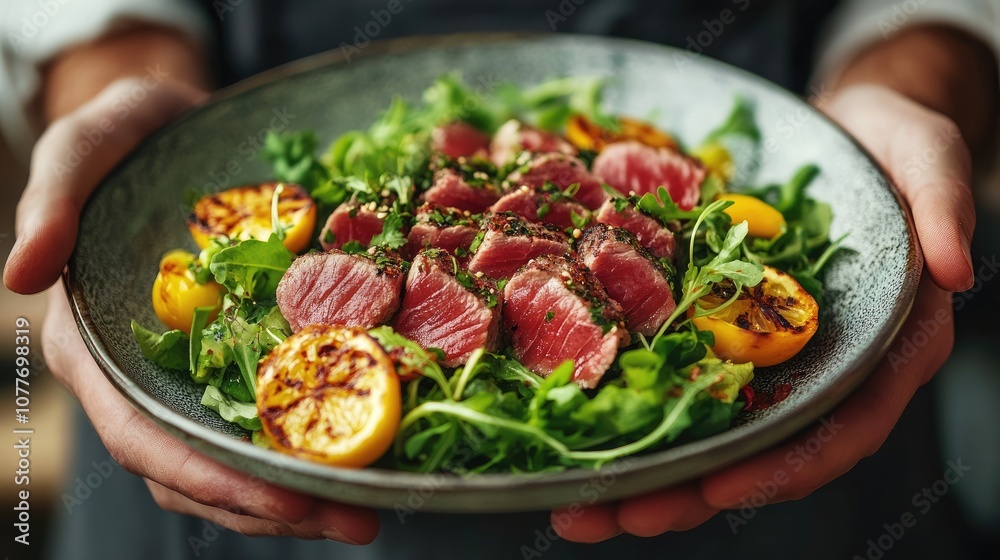 Closeup of hands holding a plate of seared tuna salad with grilled lemons, arugula, and sesame seeds. Closeup of hands holding a plate of seared tuna salad with grilled lemons, arugula, and sesame seeds.