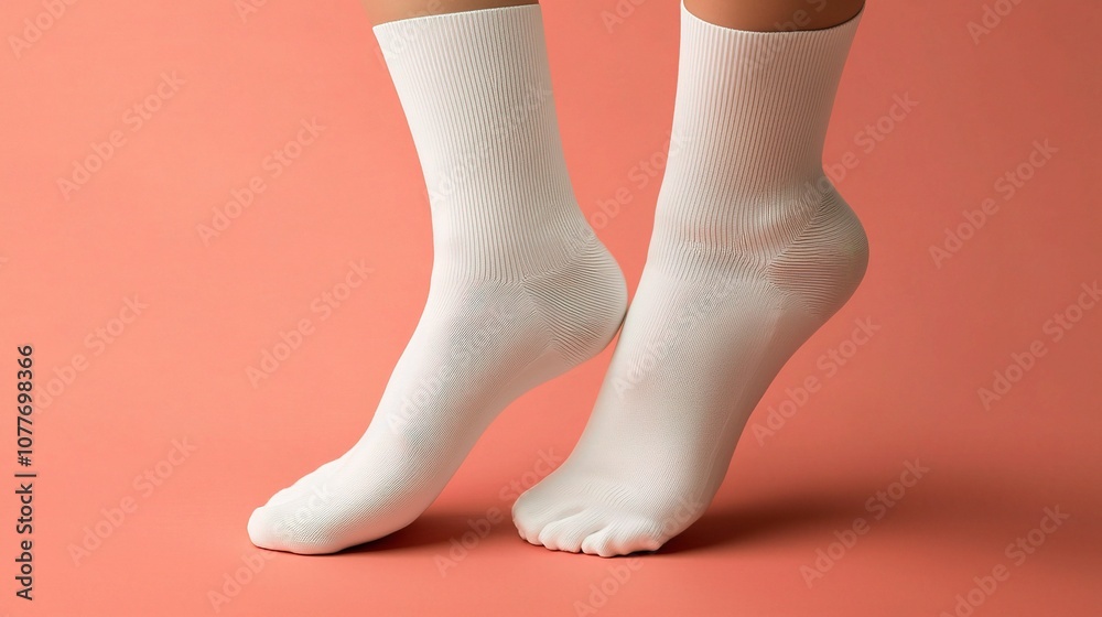 Mockup of Medium White Socks on Women's Feet with Stretched Toes Against a Coral Background, Perfect for Fashion and Apparel Promotion Mockup of Medium White Socks on Women's Feet with Stretched Toes Against a Coral Background, Perfect for Fashion and Apparel Promotion