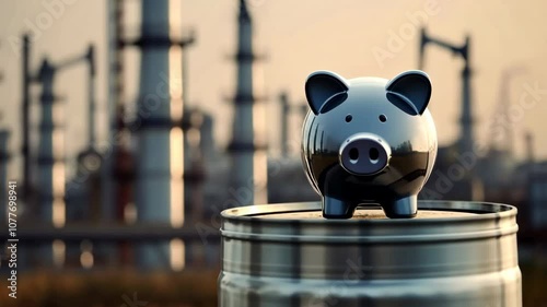 Piggy bank on an oil barrel in an industrial setting. Financial concept. Investing in petroleum products refining plants