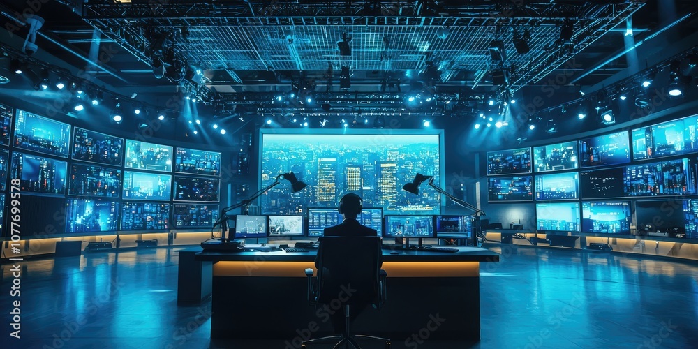 A modern broadcast studio with large LED screens, professional lighting, and a news anchor seated at the desk ready for a live broadcast. A modern broadcast studio with large LED screens, professional lighting, and a news anchor seated at the desk ready for a live broadcast.
