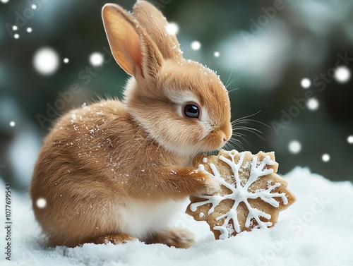 Cute bunny with snowflake in winter wonderland. photo