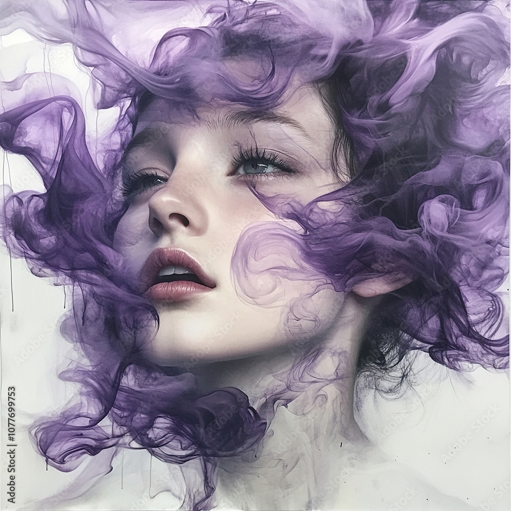 Dreamy Portrait of a Woman Surrounded by Purple Smoke - Abstract Art Dreamy Portrait of a Woman Surrounded by Purple Smoke - Abstract Art