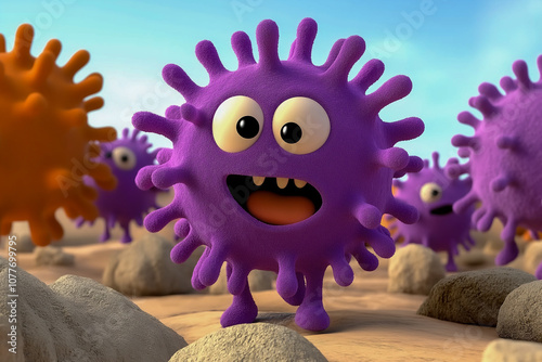 A purple and orange cartoon virus is smiling and standing on a rocky surface