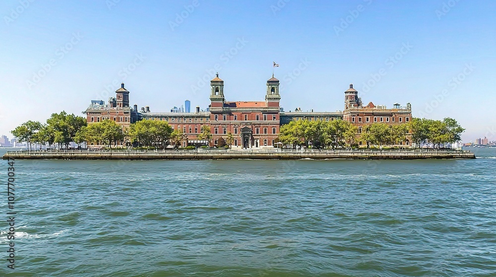 Fototapeta premium Breathtaking Panoramic View of the Iconic Manhattan Skyline from Ellis Island with Clear Blue Skies and Calm Waters in the Foreground