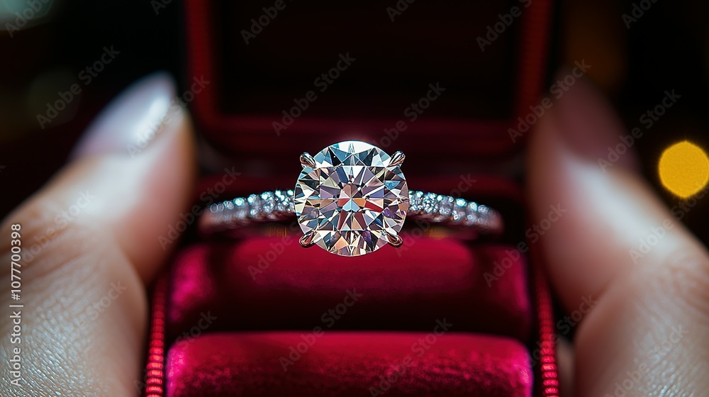 A Close-Up of a Diamond Engagement Ring in a Red Box A Close-Up of a Diamond Engagement Ring in a Red Box