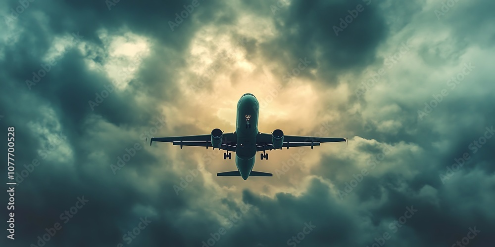 Airplane flying through the clouds with a golden light shining through