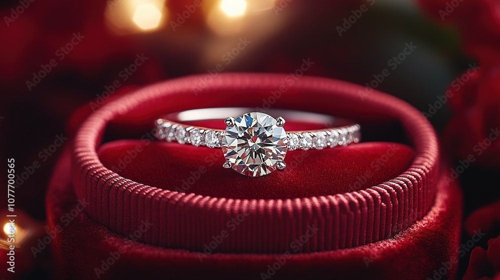 Diamond Engagement Ring in Red Velvet Box Diamond Engagement Ring in Red Velvet Box