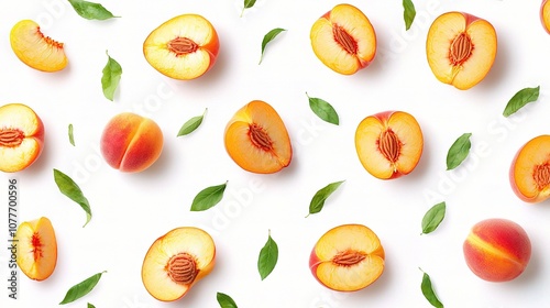 Fresh and Juicy Peach Slices and Whole Peaches Isolated on a White Background Perfect for Food Photography, Culinary Uses, and Natural Aesthetic Designs