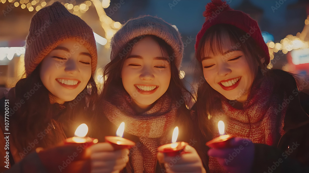 Three Happy Women Holding Candles in Winter Night Illustration