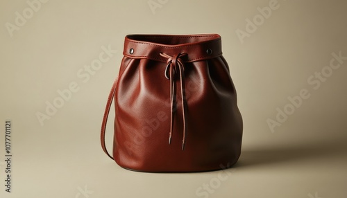 Brown leather drawstring bucket bag with a shoulder strap