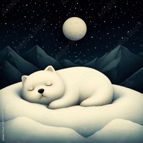 A white polar bear sleeps peacefully on a snowy mountaintop under a full moon and starry sky.