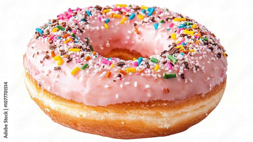 Isolated Pink Donut with Colorful Sprinkles on a White Background, Perfect for Food Photography and Dessert Themes, Ideal for Celebrations and Treats Isolated Pink Donut with Colorful Sprinkles on a White Background, Perfect for Food Photography and Dessert Themes, Ideal for Celebrations and Treats