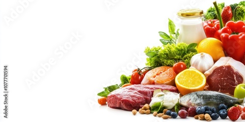 A colorful assortment of fresh foods, including fruits, vegetables, and meats, promoting healthy eating.