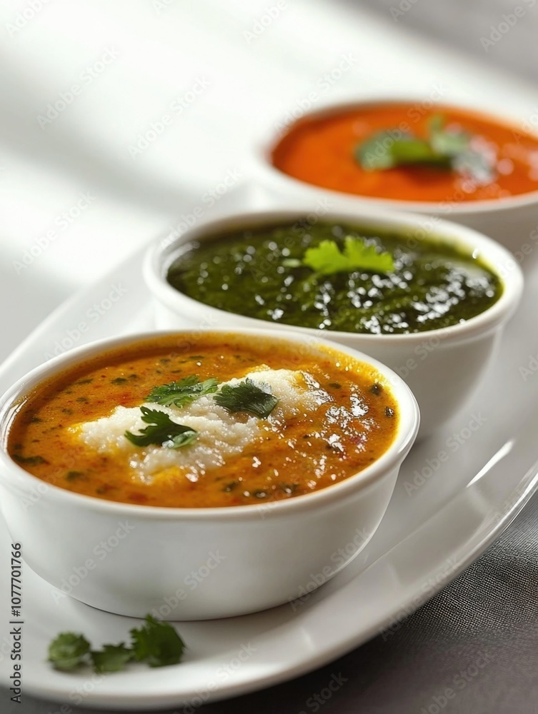Vibrant Indian Culinary Display with Three Dipping Bowls Vibrant Indian Culinary Display with Three Dipping Bowls