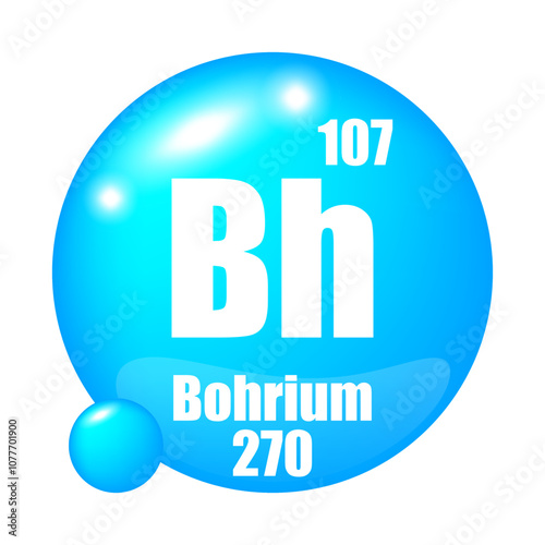 Bohrium icon. Bh chemical element. Atomic number 107. Mass 270. Blue sphere image.