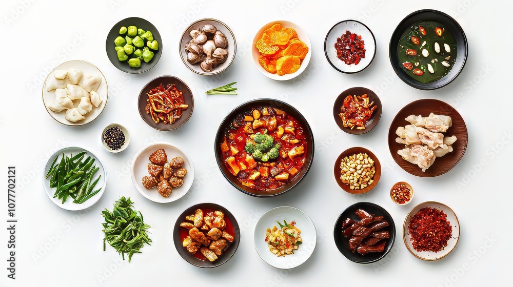Authentic Chinese Food Spread Top View on Plain White Background in High Definition 8K Resolution, Ultra Realistic, Photorealistic, Hypermaximalist Advertising Photography with Hyper Realistic Authentic Chinese Food Spread Top View on Plain White Background in High Definition 8K Resolution, Ultra Realistic, Photorealistic, Hypermaximalist Advertising Photography with Hyper Realistic