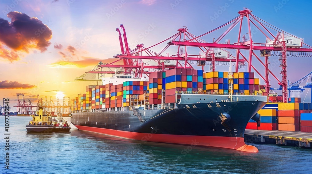 Fototapeta premium Large cargo ship docked at a portwith cranes and containers,symbolizing a port strike,highlighting the scale of the portand the absence of activity.
