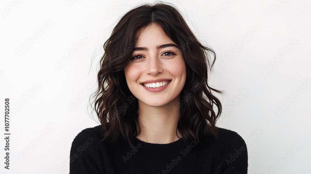 Smiling Woman with Dark Hair in a Portrait Against a Neutral Background, Radiating Joy and Confidence, Perfect for Lifestyle and Beauty Themes Smiling Woman with Dark Hair in a Portrait Against a Neutral Background, Radiating Joy and Confidence, Perfect for Lifestyle and Beauty Themes