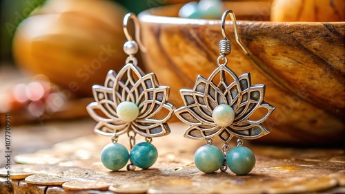 Lotus earrings, shimmering with mineral stone beads, on a decorative background. photo