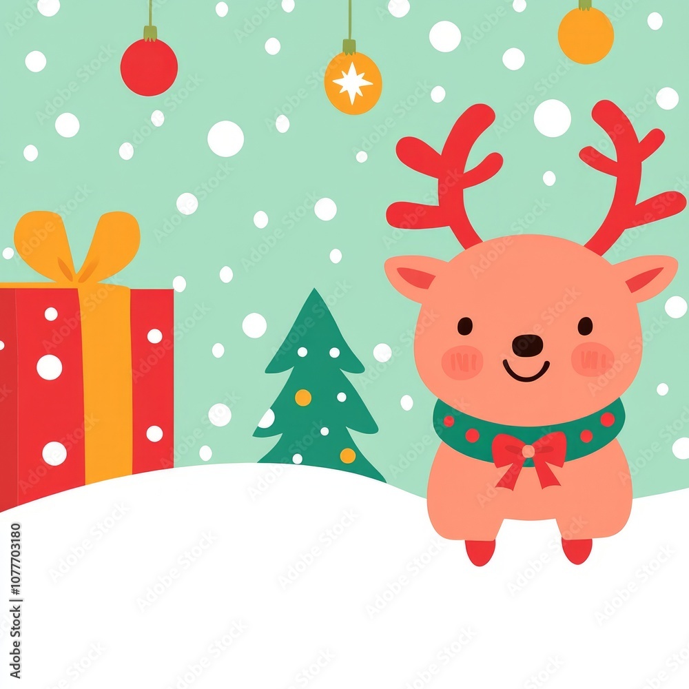 A cute reindeer standing in the snow with a Christmas tree, gift and ornaments. A cute reindeer standing in the snow with a Christmas tree, gift and ornaments.