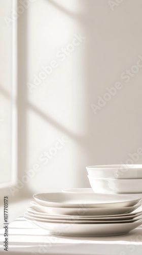 A serene arrangement of white plates and bowls on a table, illuminated by soft sunlight.