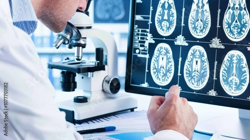 Scientist in lab coat analyzingDrain scan on computer screensurrounded by research papersand microscope,emphasizingfocus on autism research andmedical advancements. photo