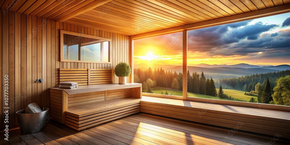 Fototapeta premium Luxurious Finnish Sauna Interior, Private Home, Wooden, Window View