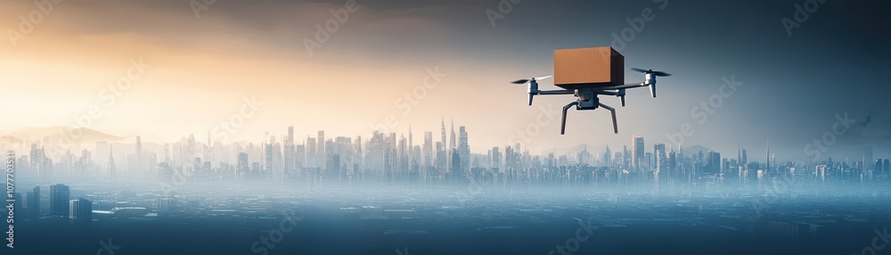 Fototapeta premium A drone delivers a package over a city skyline at dusk.