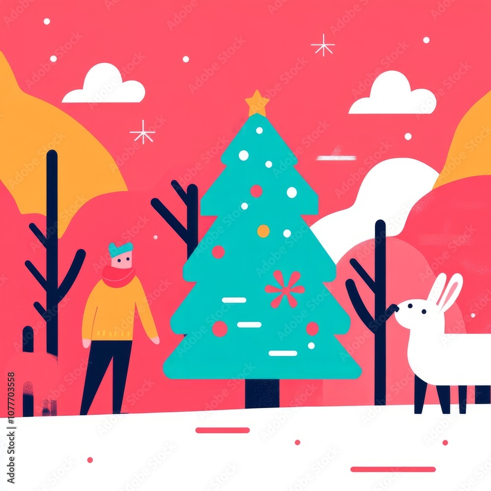 A person in a winter outfit stands in a snowy landscape with a Christmas tree and a bunny. A person in a winter outfit stands in a snowy landscape with a Christmas tree and a bunny.