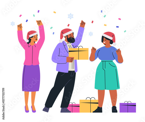 Christmas celebration people exchanging gifts festive confetti snowflakes colorful outfits holiday cheer website design