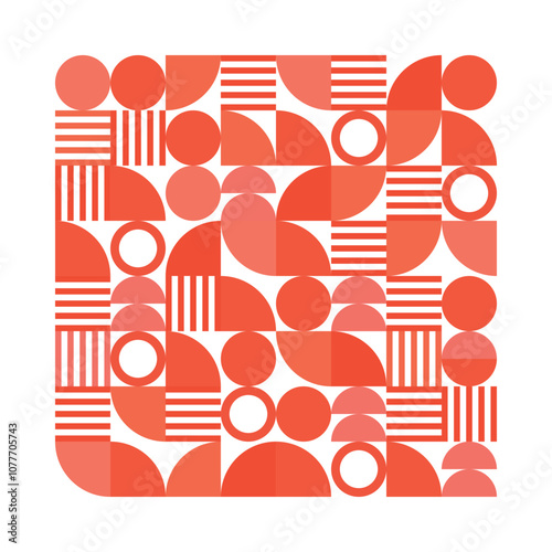 A modern abstract geometric pattern featuring a variety of red and orange shapes, including circles, semicircles, quarter circles, and stripes.
