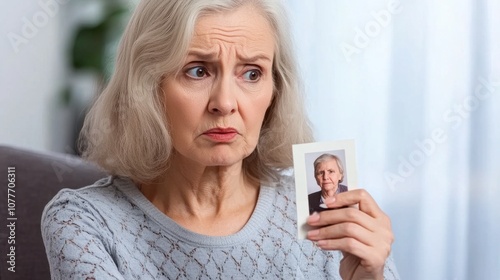 Senior woman sitting alone inquiet room, holding photo ofyounger self, looking confusedEmotional impact of dementiasymptoms. photo