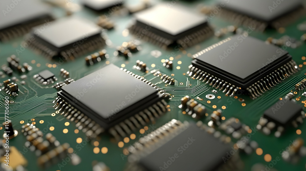 Close Up of Circuit Board with Microchips - 3D Render Close Up of Circuit Board with Microchips - 3D Render