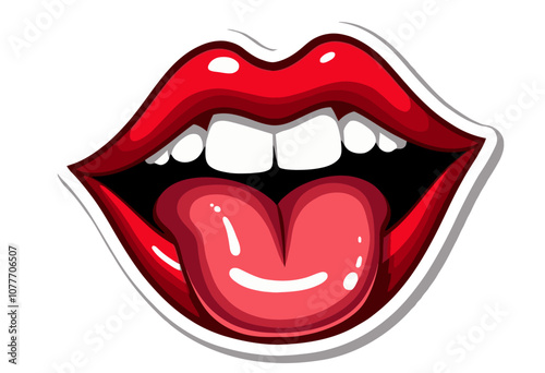  Cute Kawaii Red Lips and Tongue Sticker - Pop Art Style with Thick Outline, Glossy Lipstick, and White Teeth