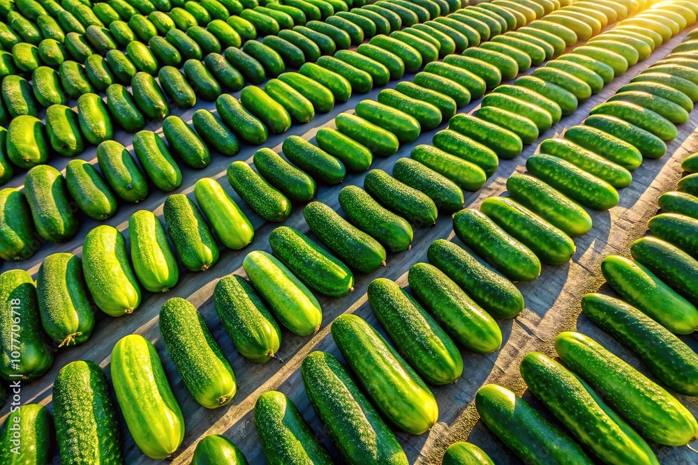 Obraz premium Overhead view of a dill pickle farm, rows of green pickles stretching to the horizon.