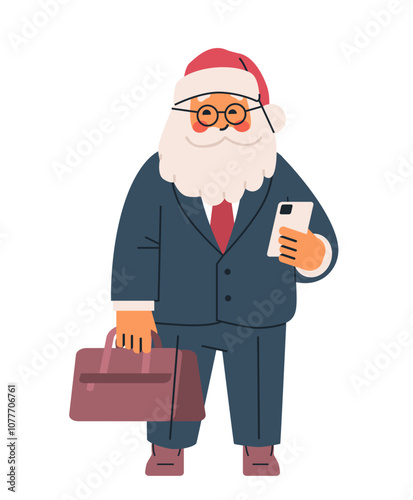 Santa Claus in business attire holding a smartphone and briefcase modern holiday theme professional concept isolated on white background