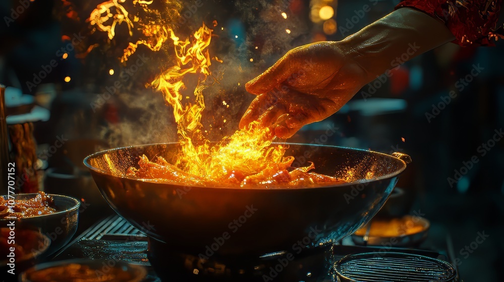 Chef hands keep wok with fire. closeup chef hands cook food with fire. chinese food. Ultra realistic. Photorealistic hypermaximalist advertising photography hyper realistic fine detail Chef hands keep wok with fire. closeup chef hands cook food with fire. chinese food. Ultra realistic. Photorealistic hypermaximalist advertising photography hyper realistic fine detail
