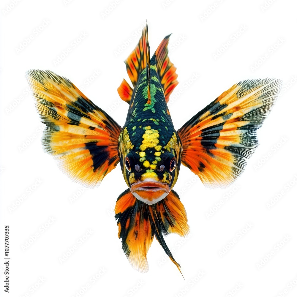 Fototapeta premium A colorful, vibrant betta fish with flowing fins and a white background.