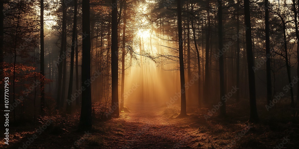 Mystical Sunbeams Through Forest Trees Mystical Sunbeams Through Forest Trees