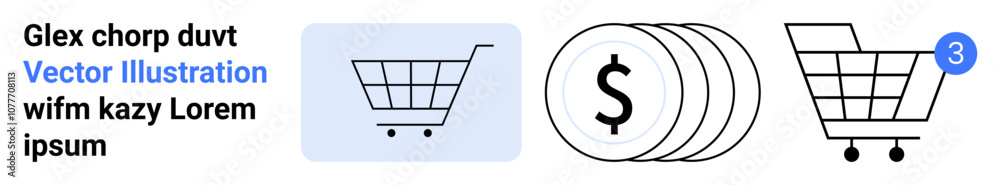 Shopping cart icons in various styles, coin stack with dollar sign, notification badge with number 3. Ideal for e-commerce, online shopping, finance, digital marketing, user interface design, retail Shopping cart icons in various styles, coin stack with dollar sign, notification badge with number 3. Ideal for e-commerce, online shopping, finance, digital marketing, user interface design, retail