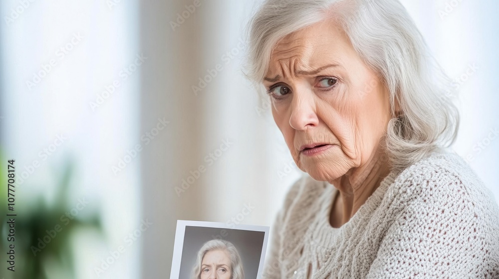 Senior woman sitting alone inquiet room, holding photo ofyounger self, looking confusedEmotional impact of dementiasymptoms.