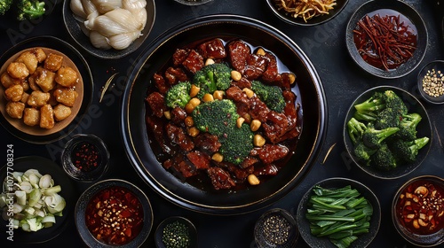 Chinese beef and broccoli stir fry with sides. chinese food. Ultra realistic. Photorealistic hypermaximalist advertising photography hyper realistic fine detail photo