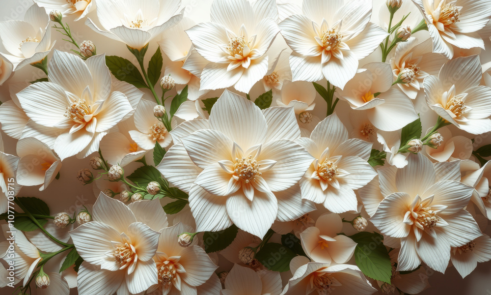 Delicate artificial flowers in soft cream and white hues, showcasing intricate petal details and lush green leaves, perfect for home decor or events Delicate artificial flowers in soft cream and white hues, showcasing intricate petal details and lush green leaves, perfect for home decor or events