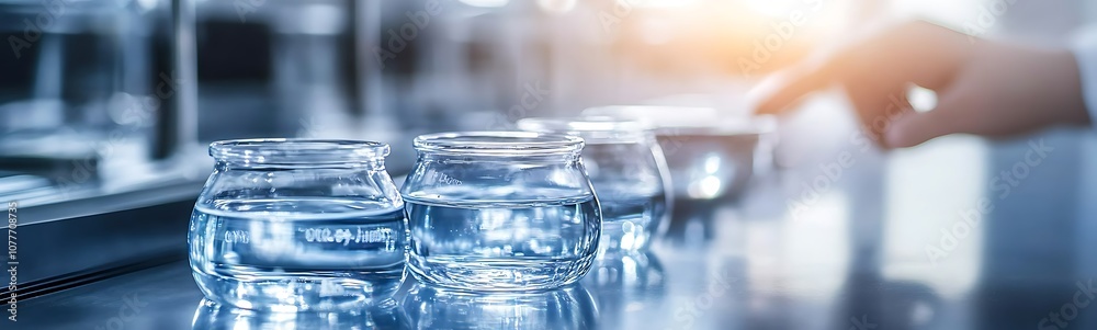 A close-up of several glass containers filled with water, with a hand poised to interact, conveying a sense of experimentation and precision in a laboratory setting. A close-up of several glass containers filled with water, with a hand poised to interact, conveying a sense of experimentation and precision in a laboratory setting.